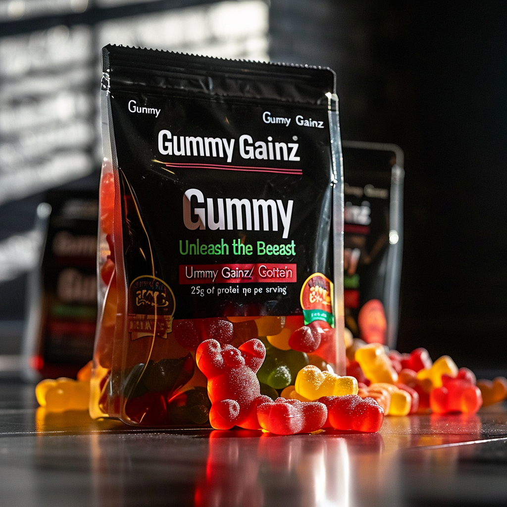 Gummy Gainz packaging with flexing gummy bear