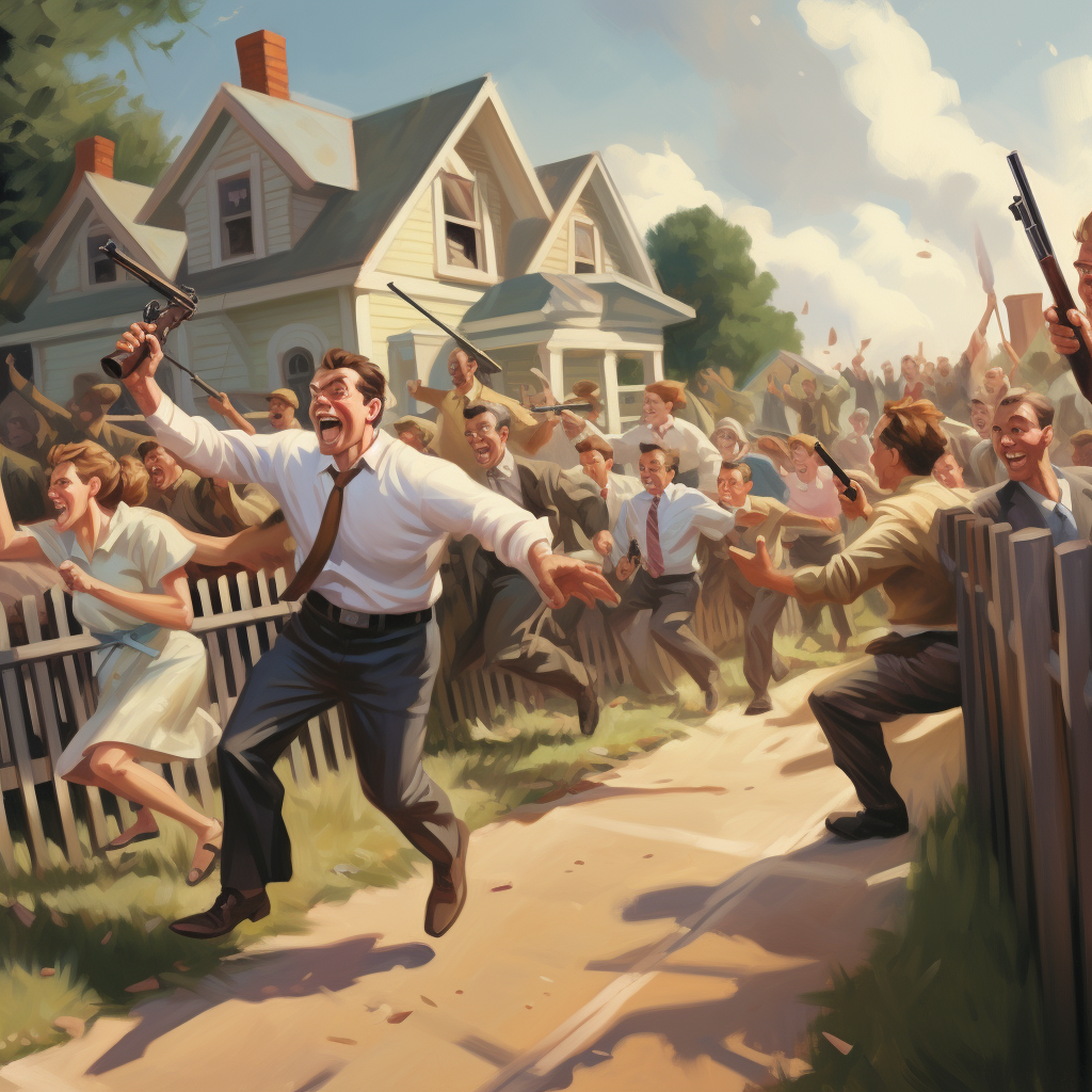 People with guns rushing towards picket fence