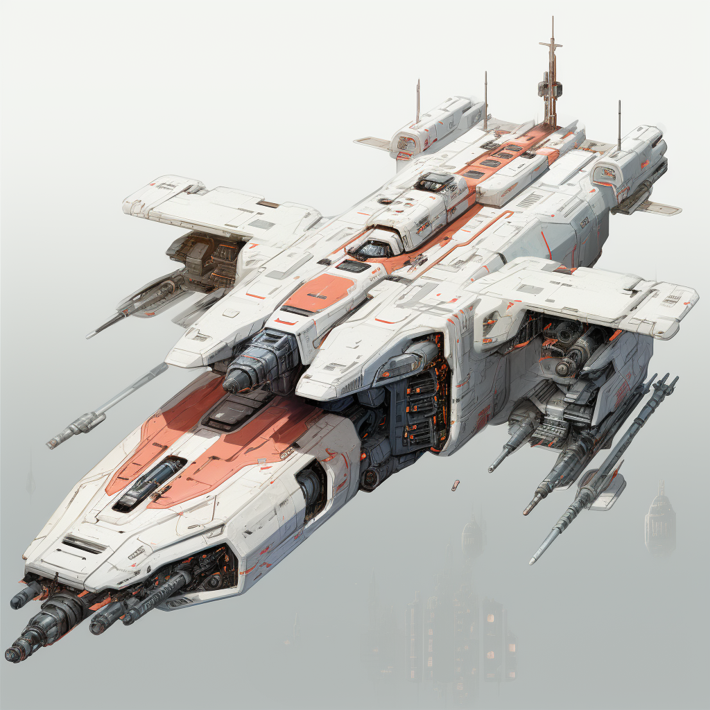 Concept art of white and red Gundam space battleship