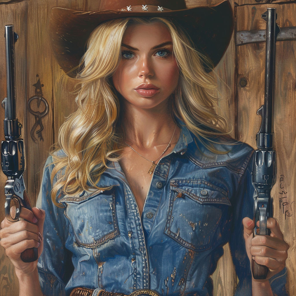 Gunslinging cowgirl with denim dress