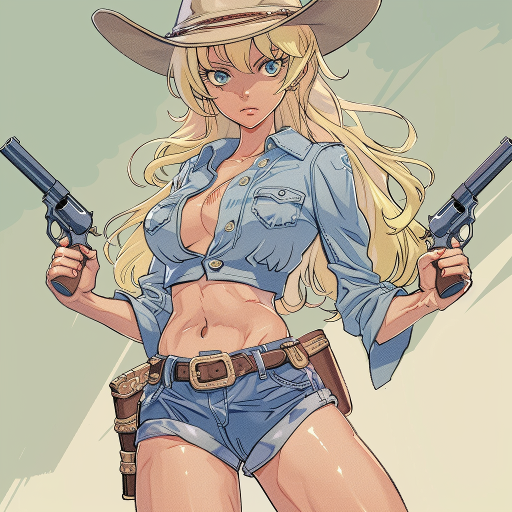 Blonde cowgirl with pistols