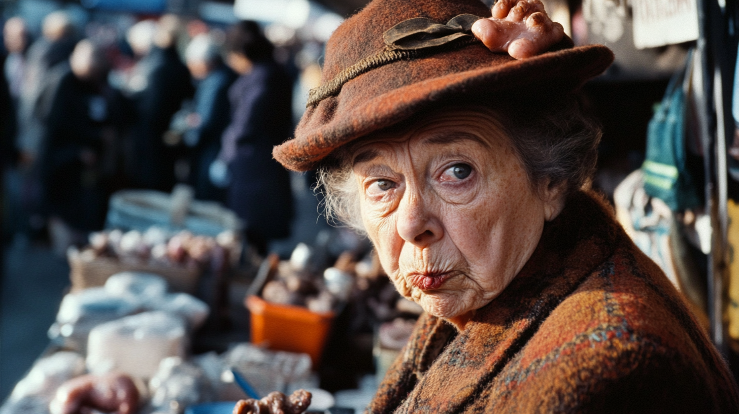 Older woman wearing ugly hat gurning