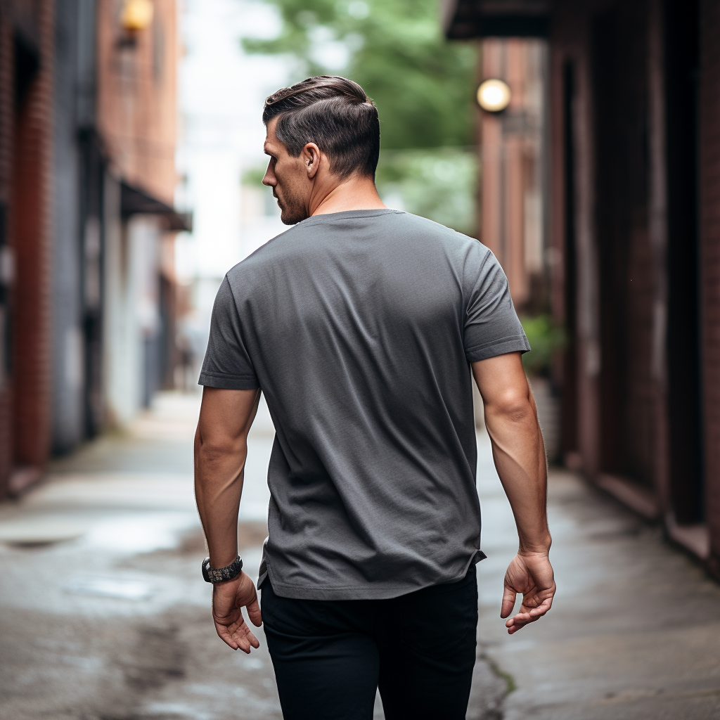 Stylish guy walking out of alley in mid grey shirt