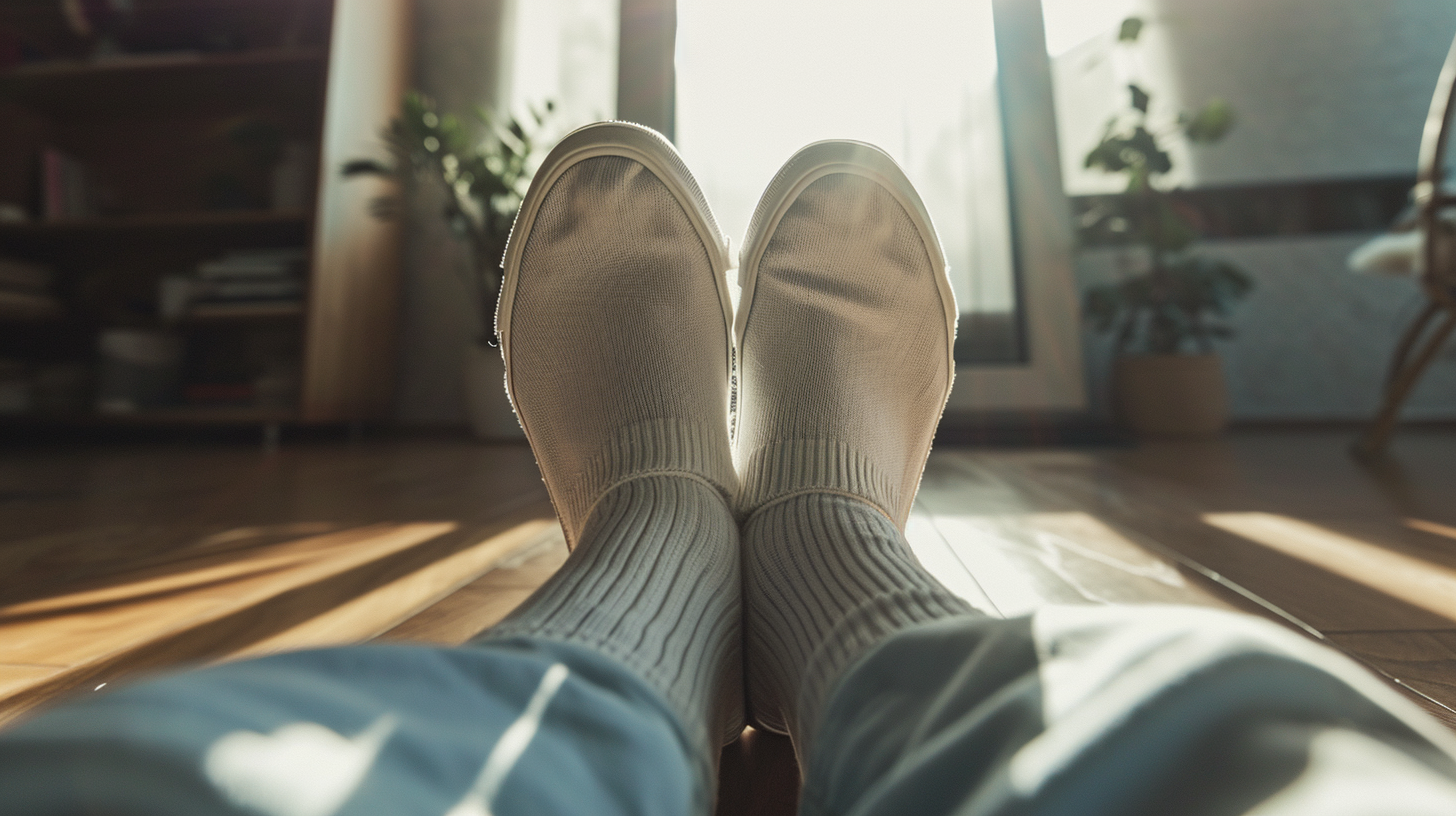 Close up of guy's feet in white worn socks