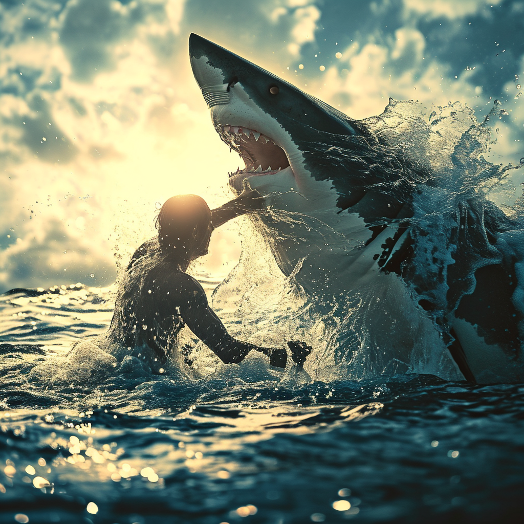 Guy holding onto great white shark fin