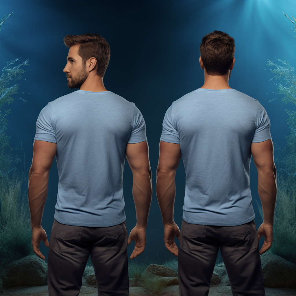 Handsome guy in blue t-shirt, front and back view