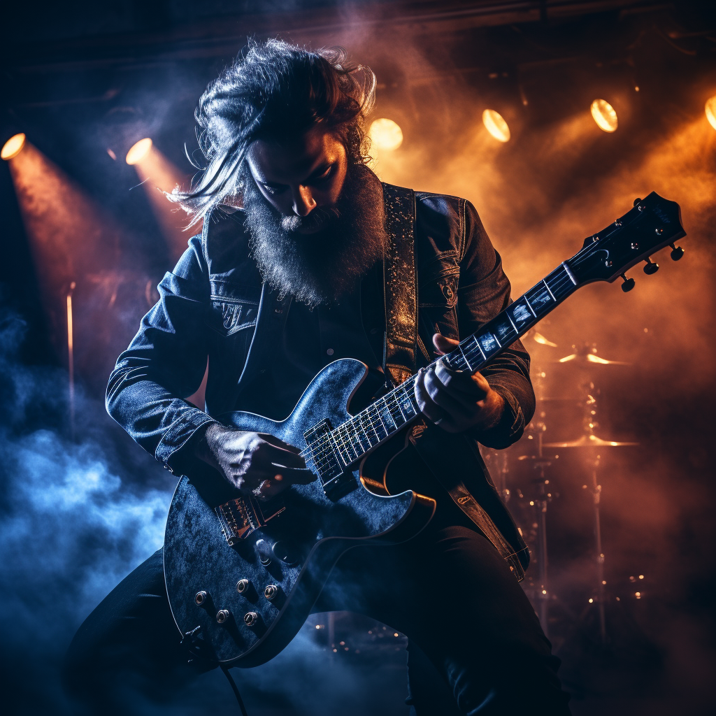 Talented rockstar playing electric guitar on stage