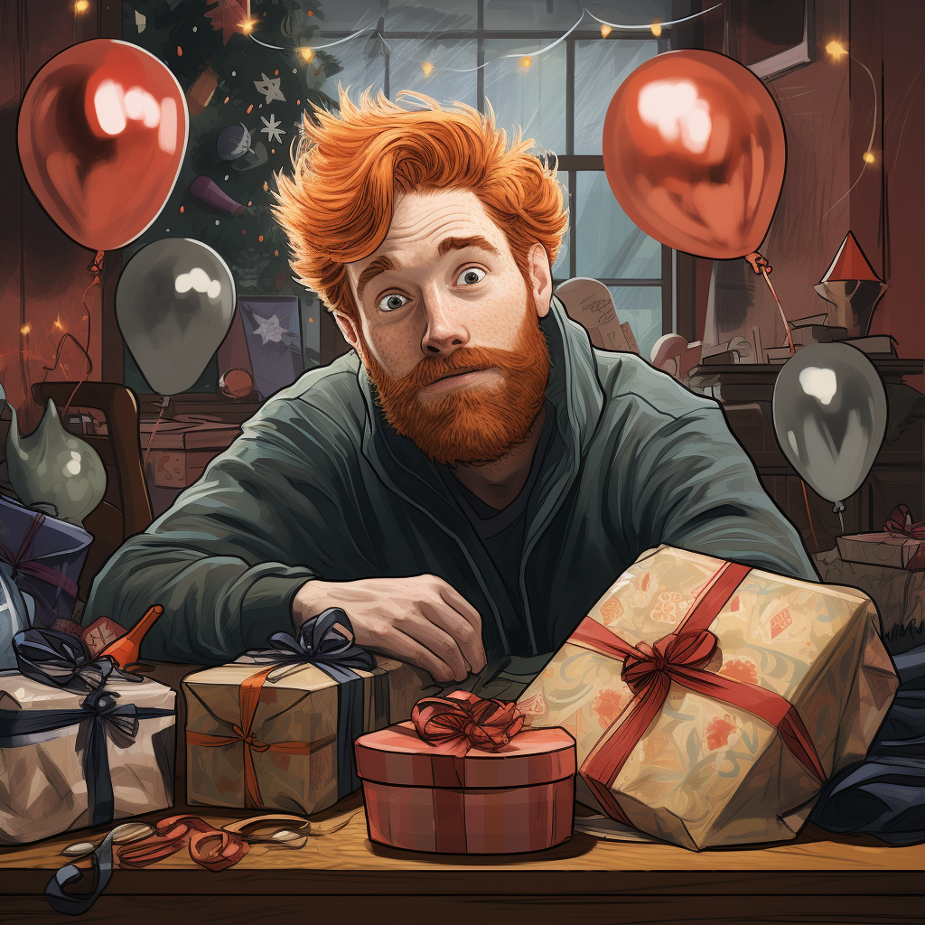 Redhead guy quickly wrapping New Year presents