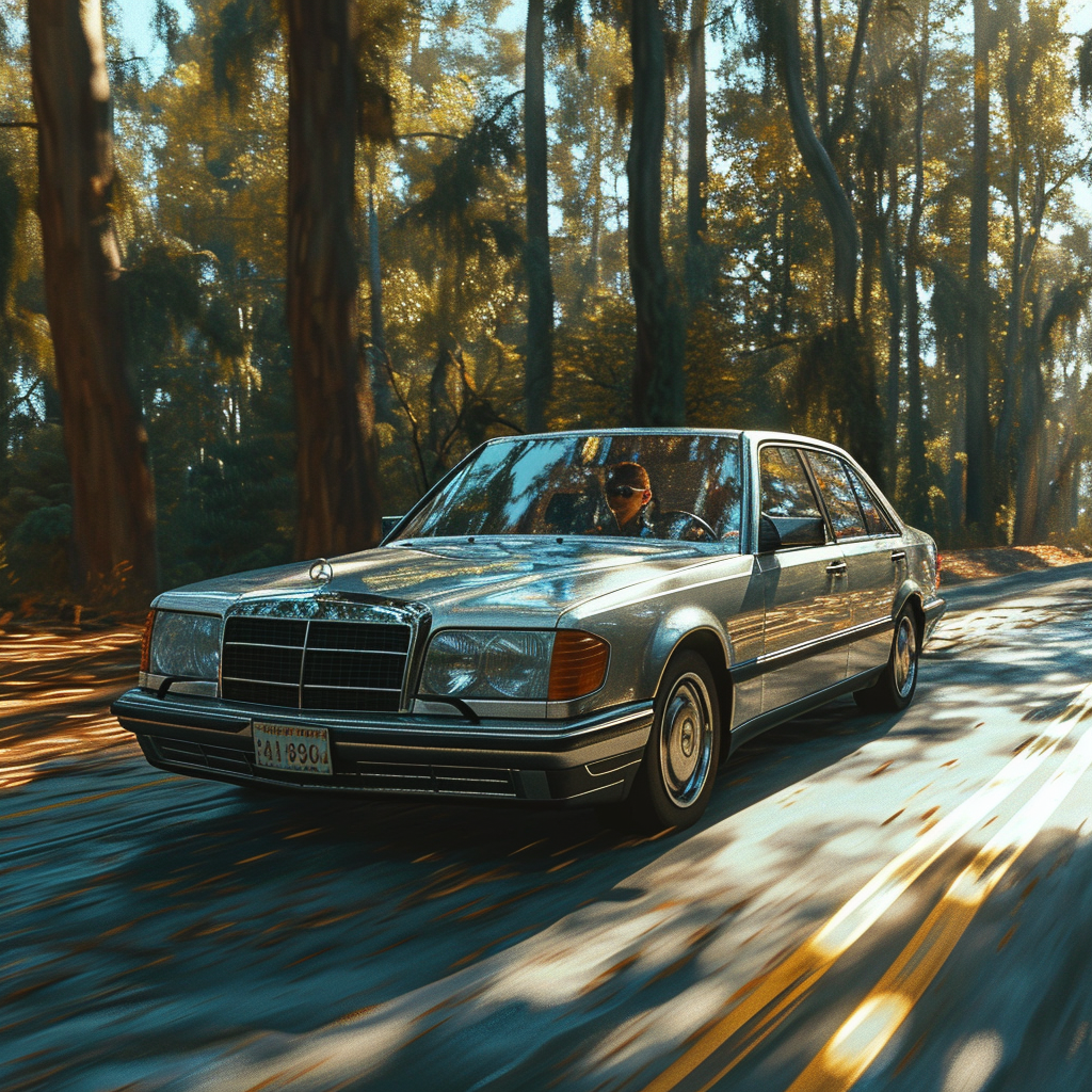 Guy Russo driving a silver sedan in the pines with sunglasses