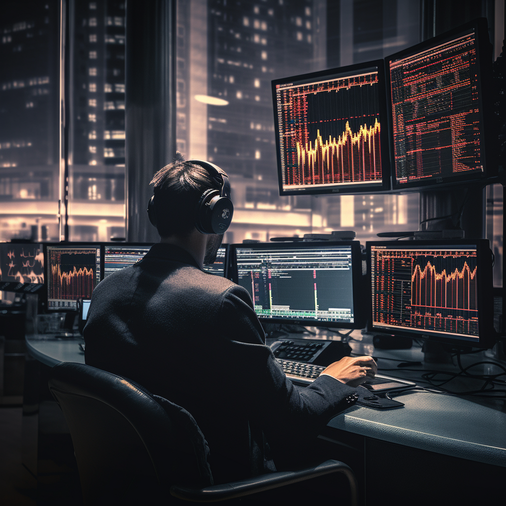 Guy trading stock market on multiple monitors