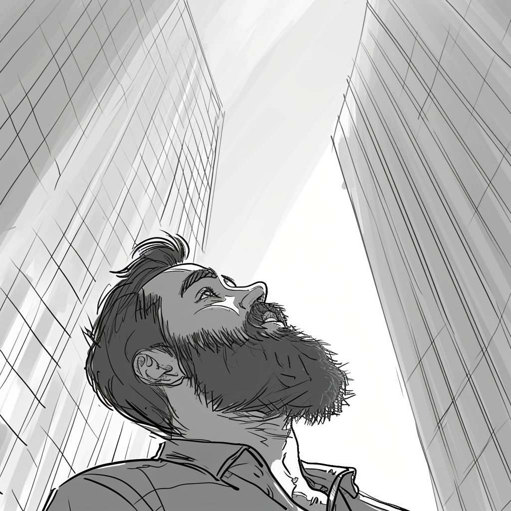 Cartoon guy looking at skyscraper