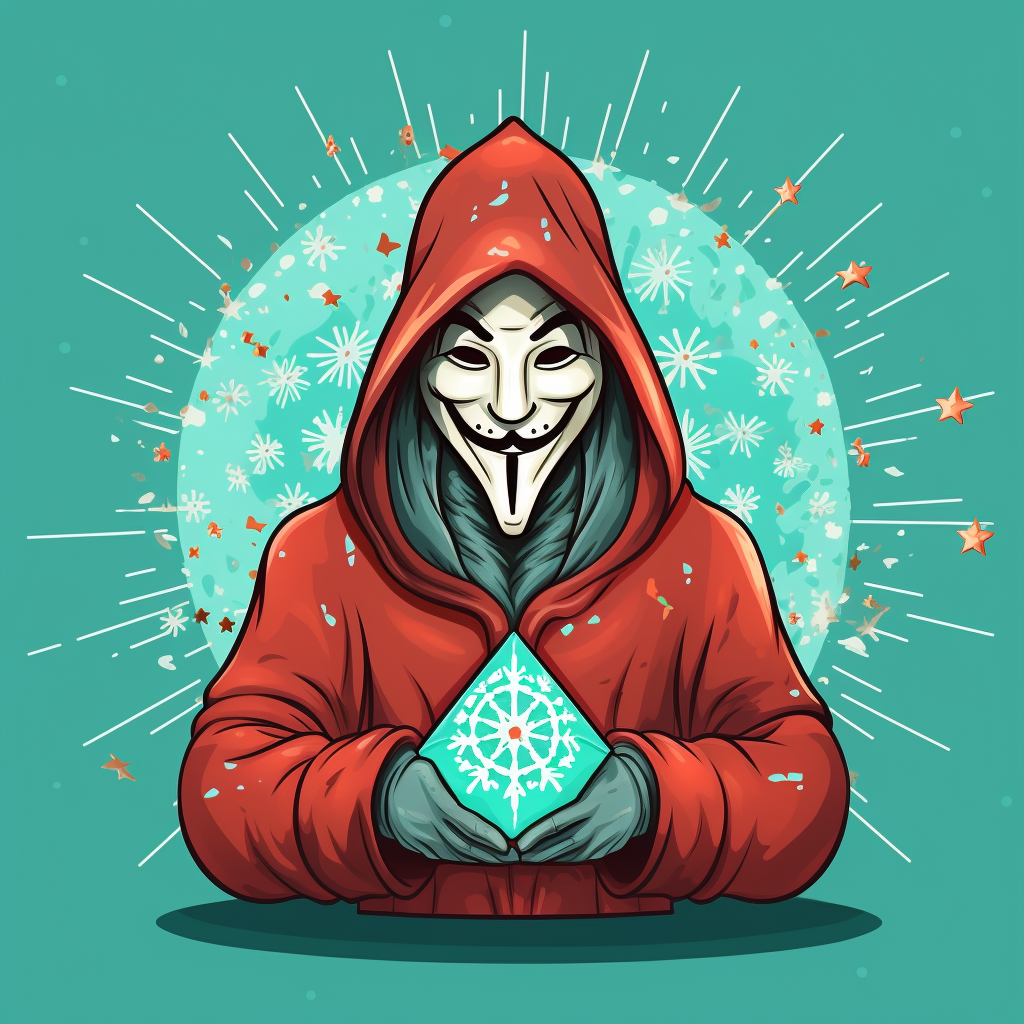 Cartoon depiction of Guy Fawkes in red hood and anonymous mask