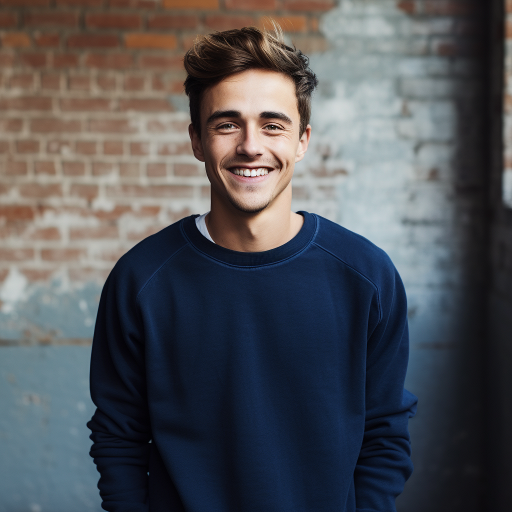 Stylish guy model with navy blue sweatshirt smiling