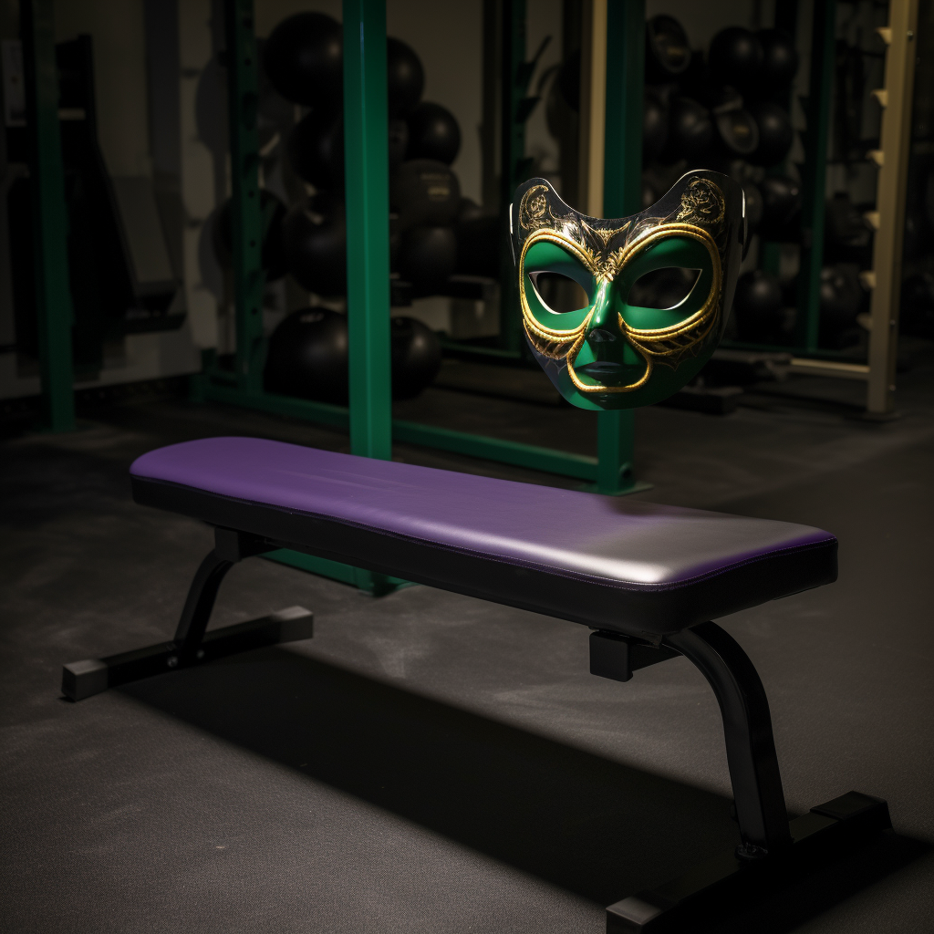 Gym bench with Mardi Gras mask