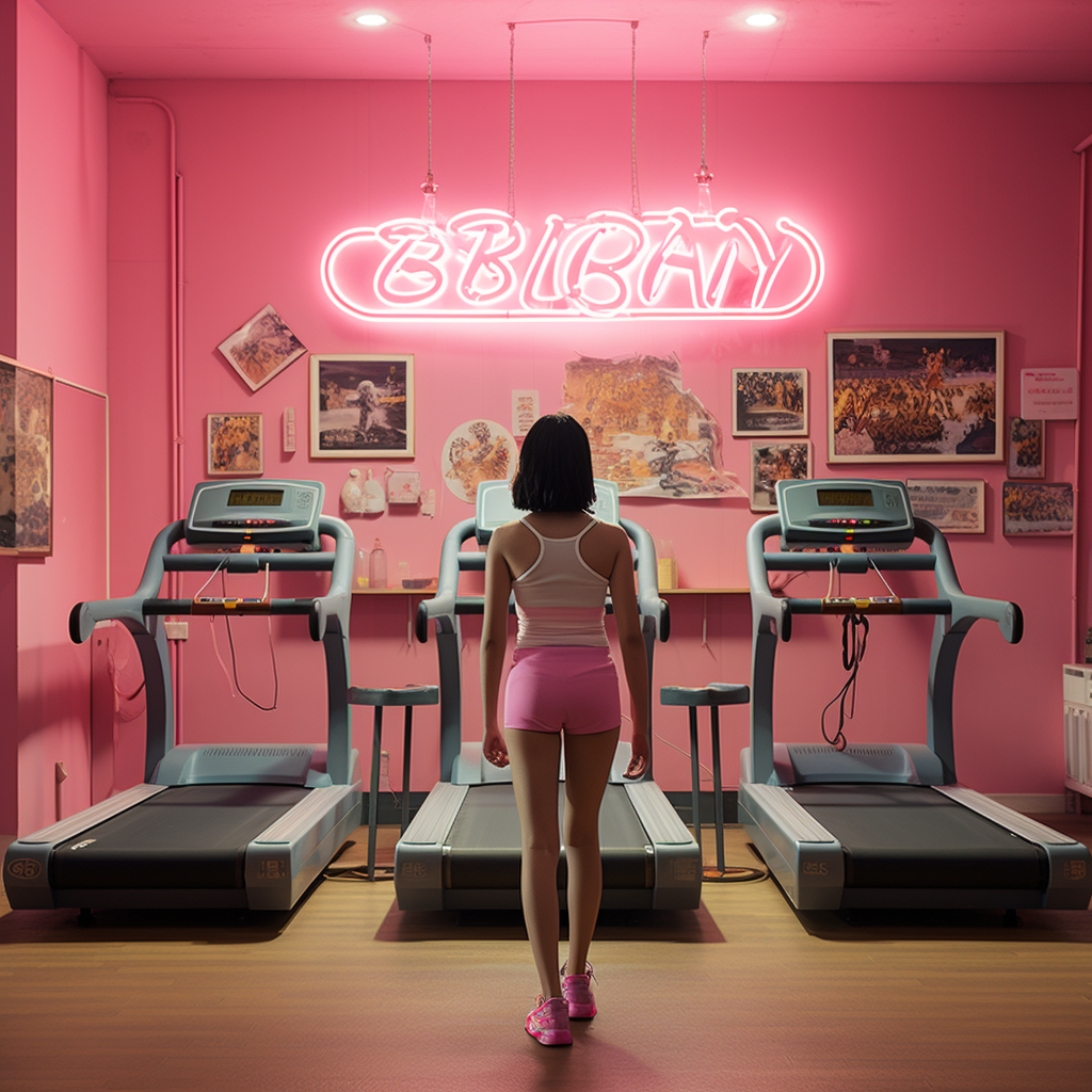 Young teenager exercising in gym with women on treadmills