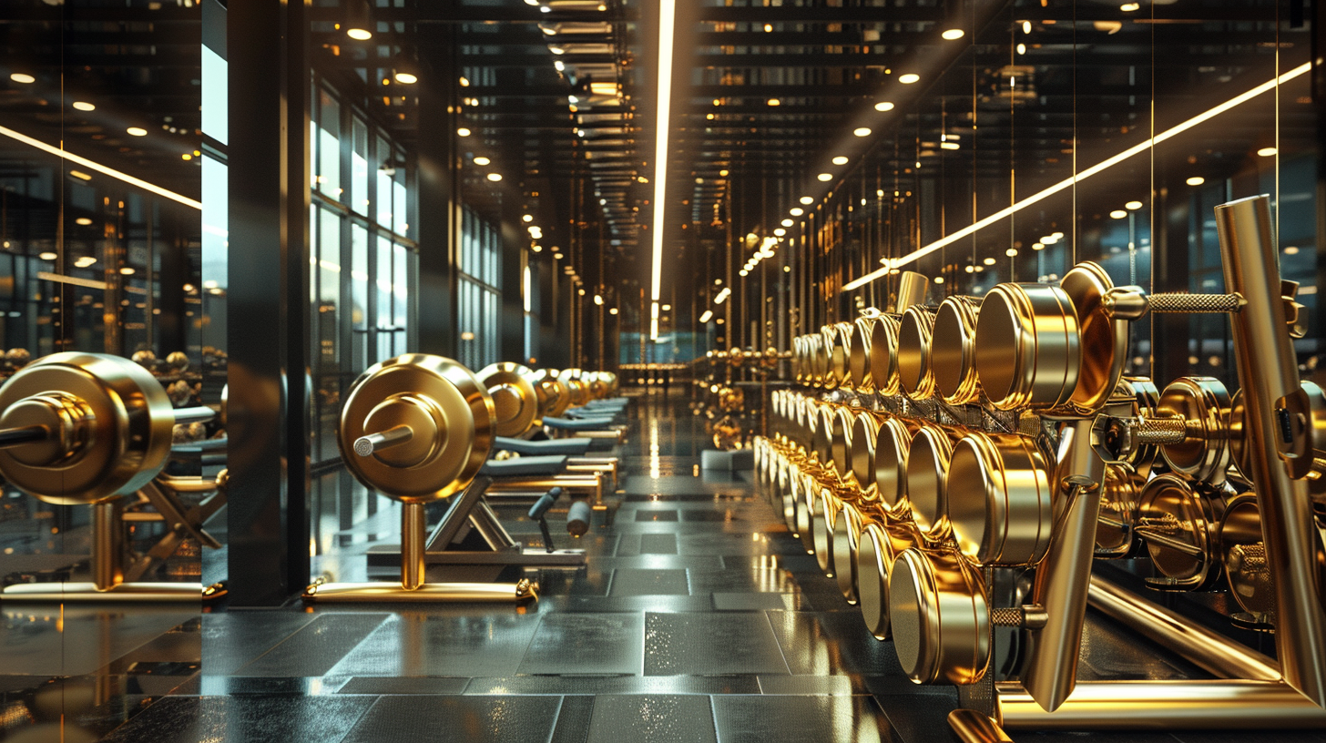 Golden dumbell rack in gym