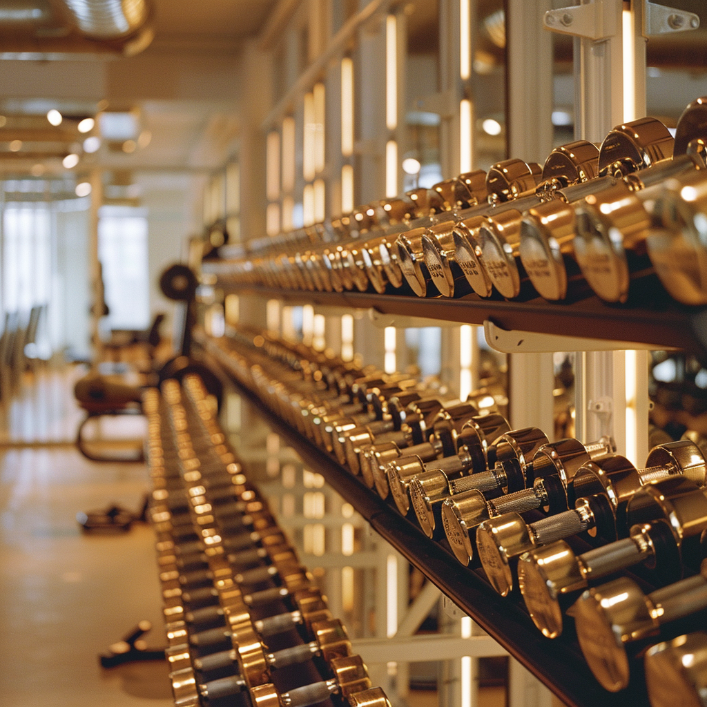 Shiny golden dumbbell rack