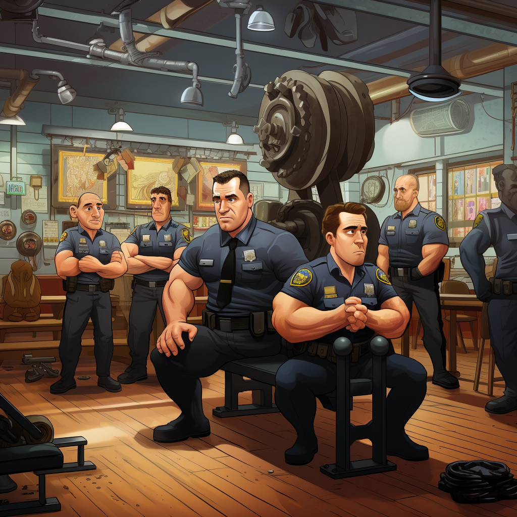 Police officers bench pressing at the gym