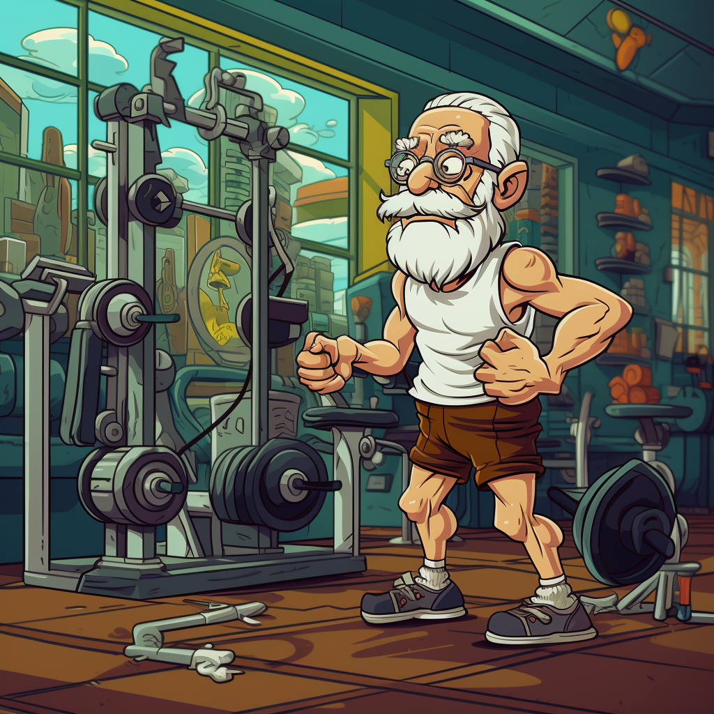 Elderly man exercising in a vintage gym cartoon