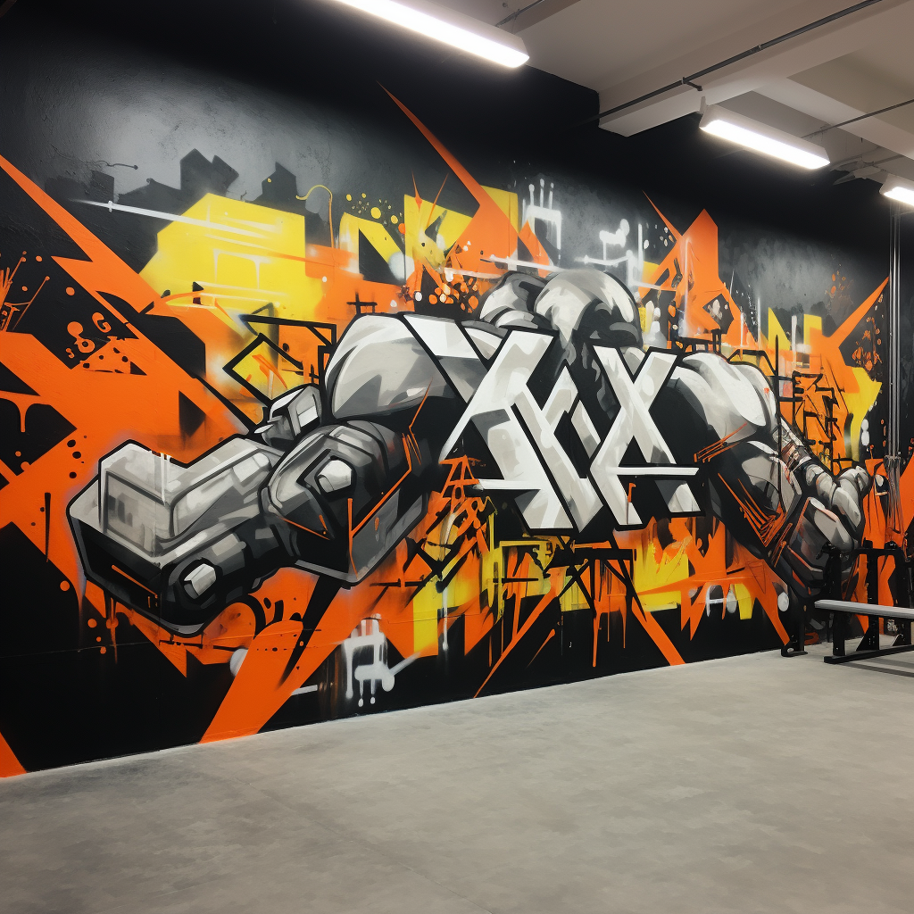 Gym wall with crossfit and weightlifting graffiti