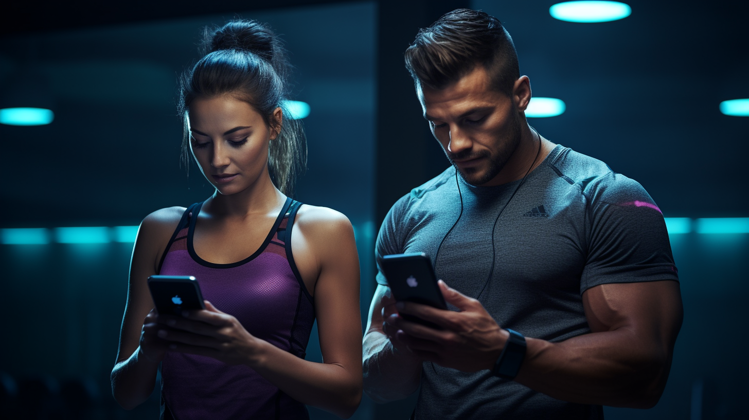 Athletes training at the gym with smartphones