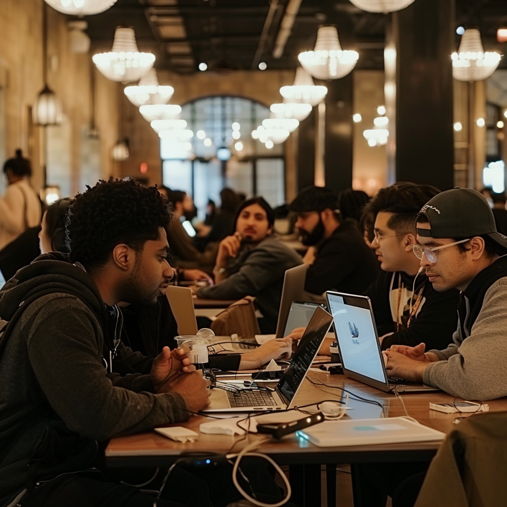 Hackathon participants coding together teamwork