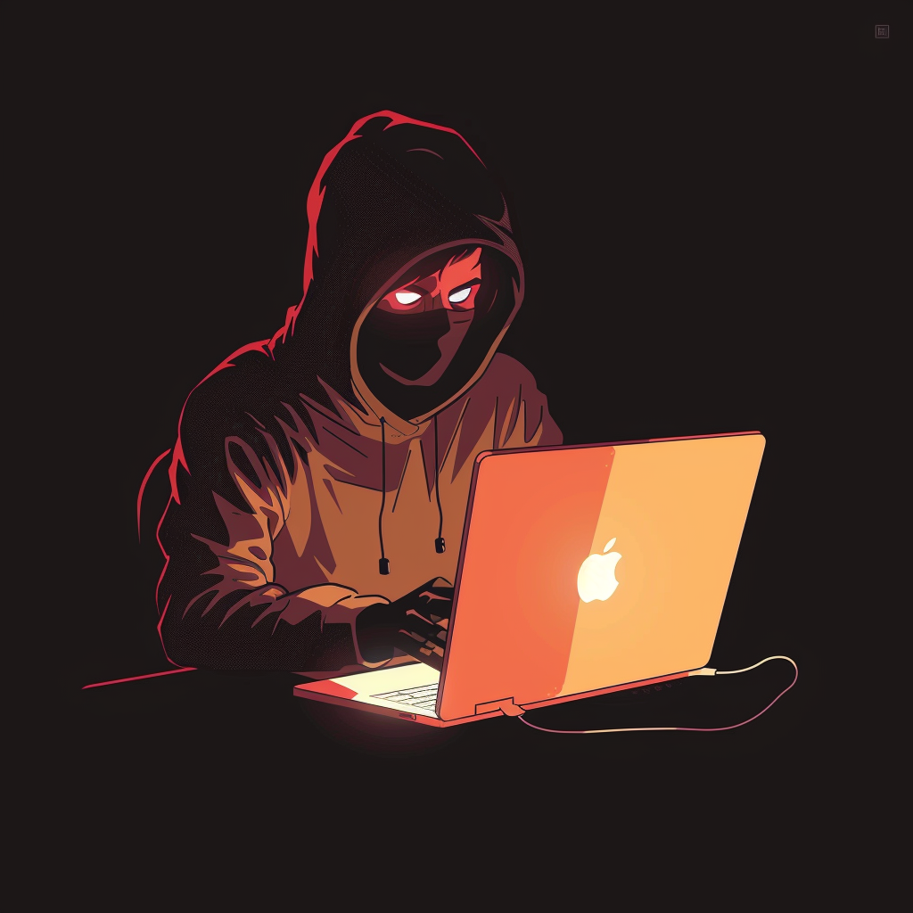 Cartoon hacker in Mac computer