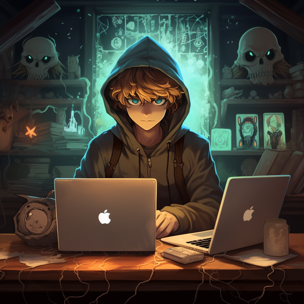 Hacker with Two Laptops - Ghibli Style