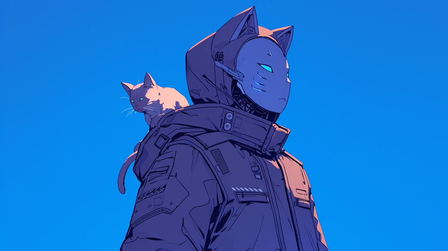 Hacker wearing cat mask with siamese cat on back