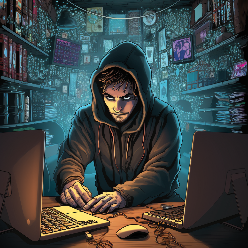 Cartoon illustration of a hacker using a computer