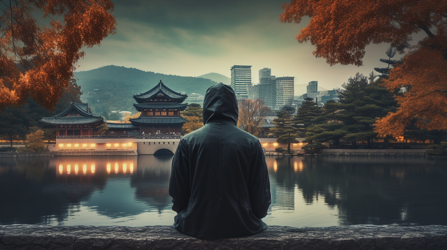 Hacker overlooking Gyeongbokgung Palace in Seoul