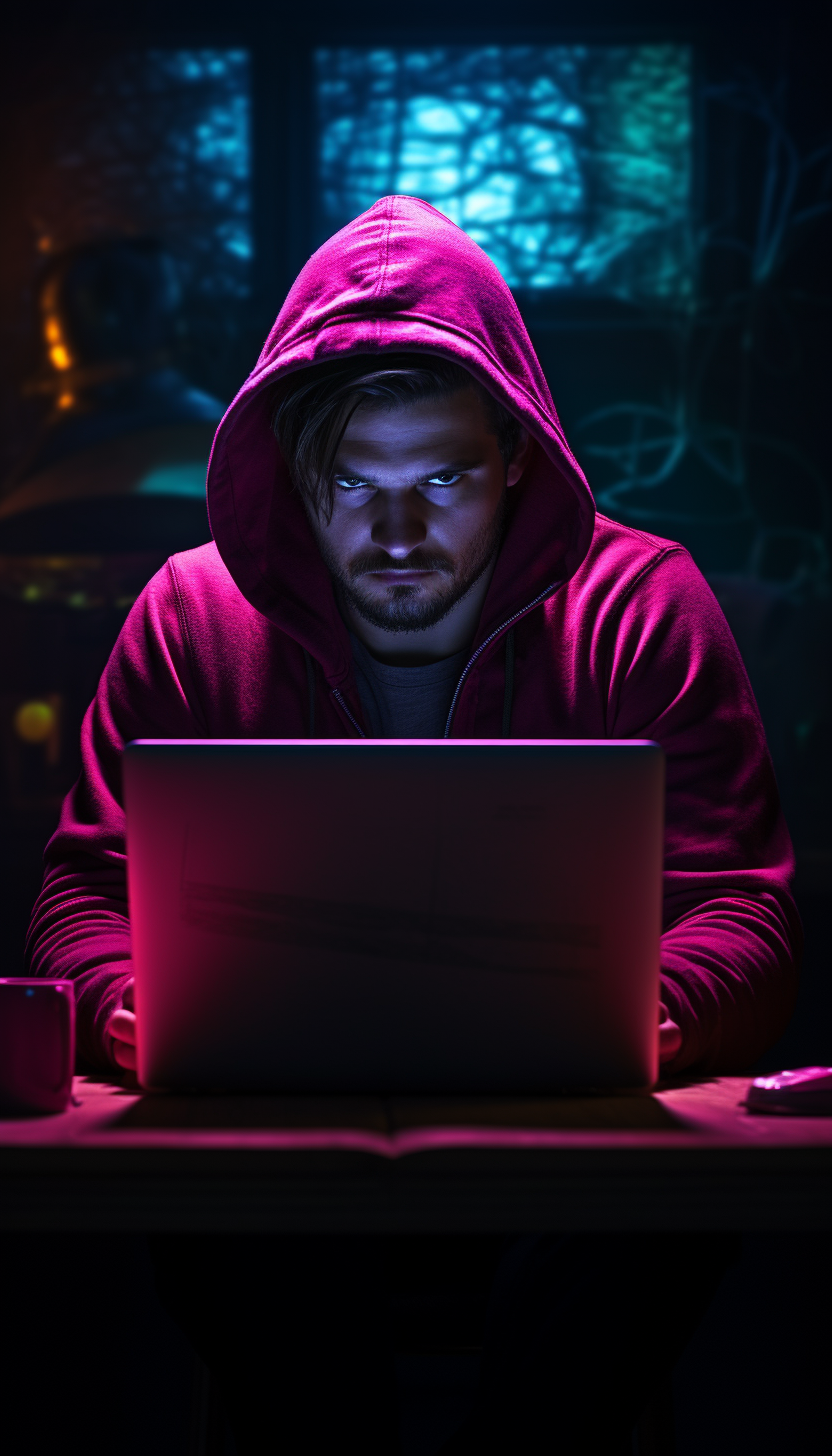 Hacker sitting at laptop with fuchsia light