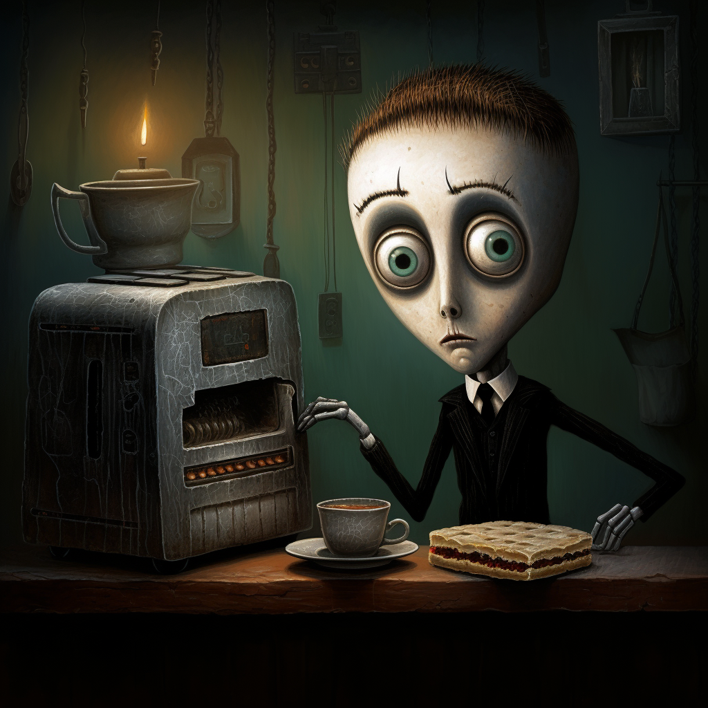 Computer hacker toasting in Tim Burton style