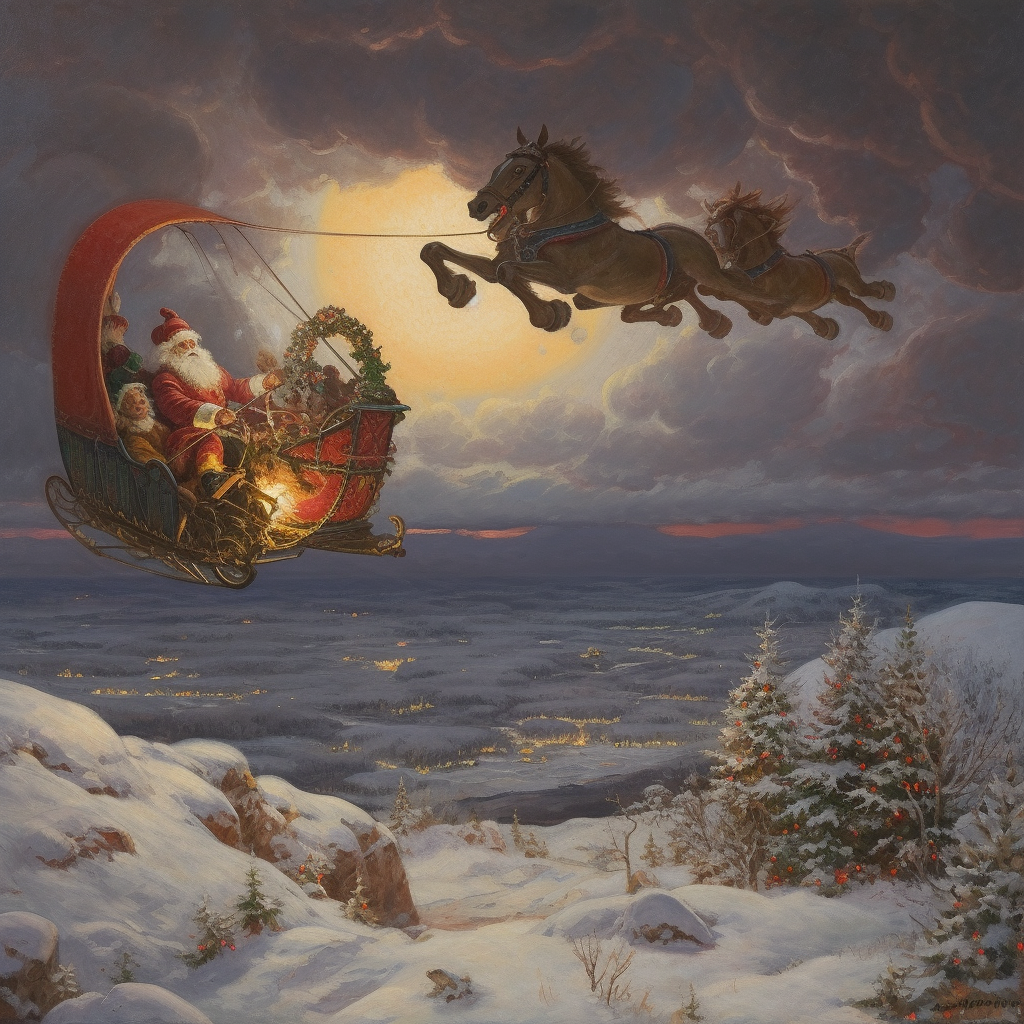 Santa Claus flying in sleigh