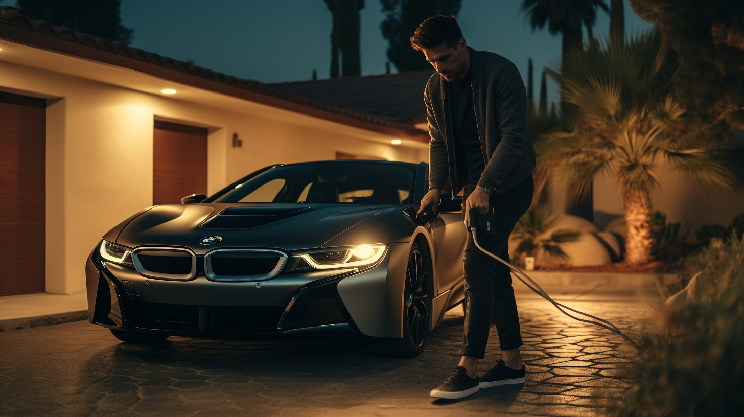 Hades plugging in his electric car in Palm Springs