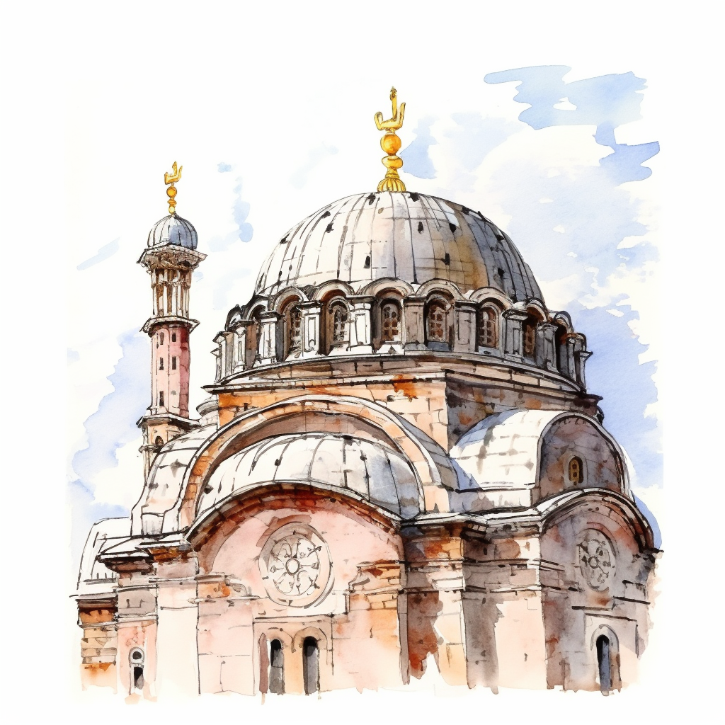 Watercolor painting of Hagia Sofia Church with dome and cross