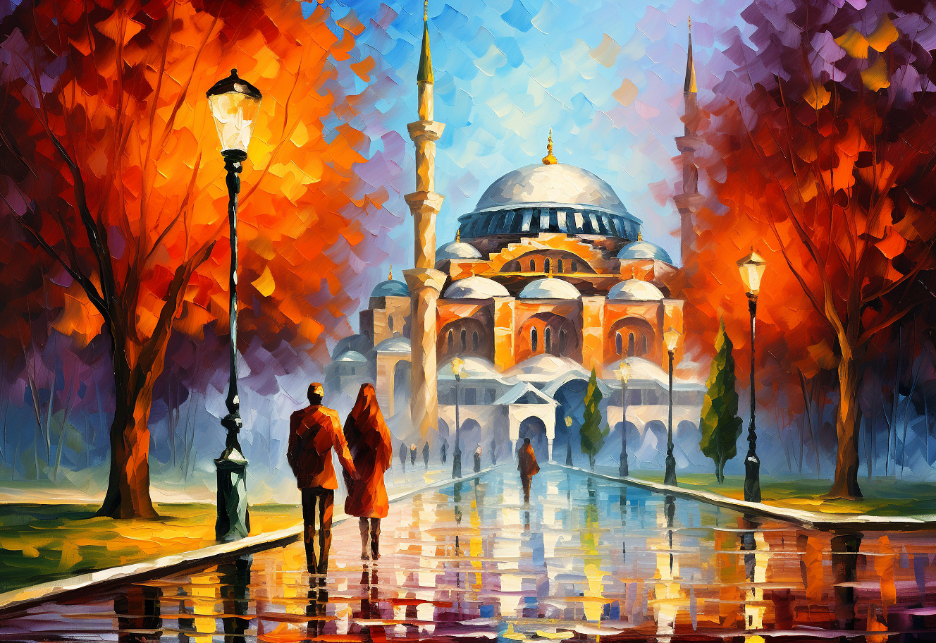 Worshippers in front of colorful Hagia Sophia Mosque