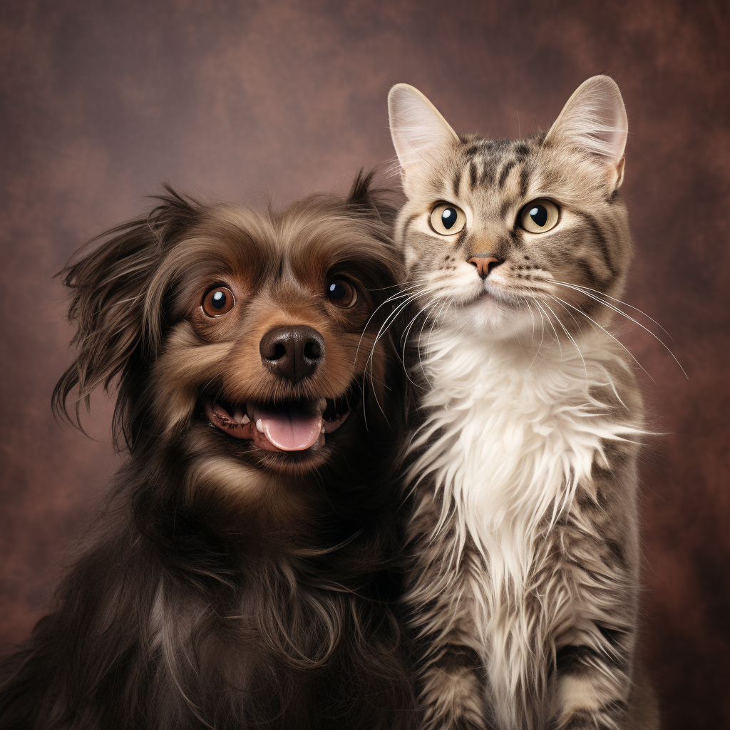 Cute hairy cat and dog posing with a lint roller