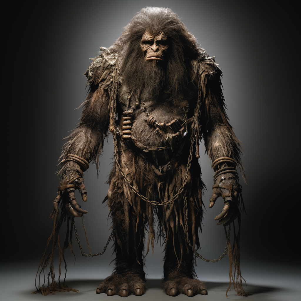 Realistic image of a hairy tall creature with chains on its wrists