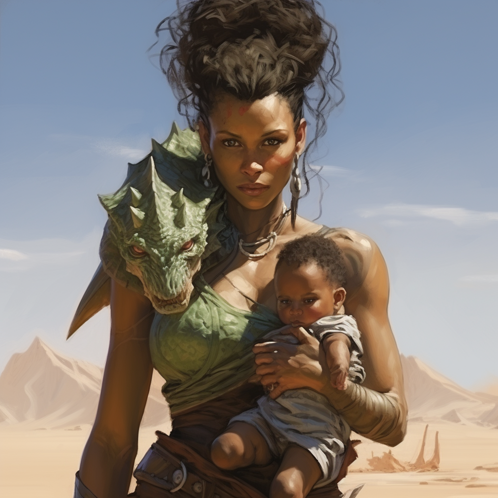 Half-Orc Woman with Baby Dragon