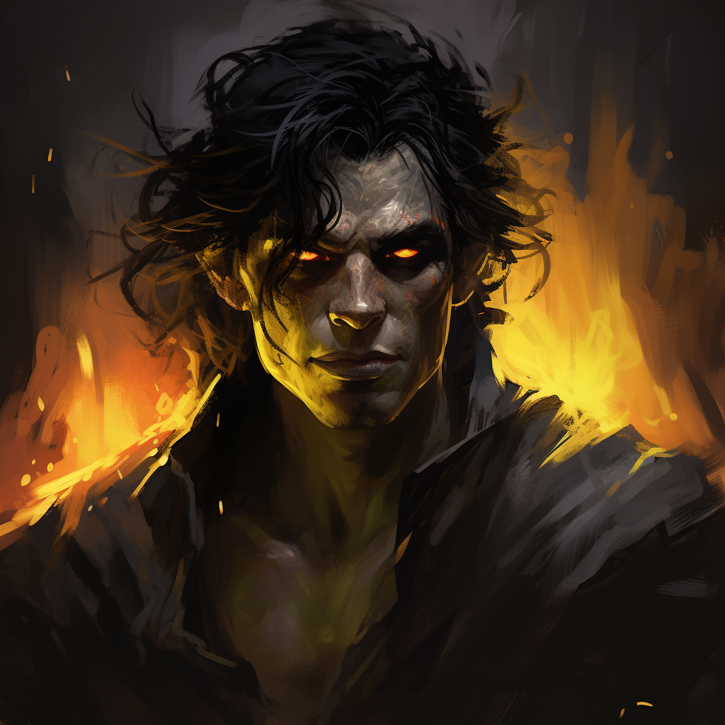 Half-Orc Man with Glowing Yellow Eyes and Divine Magic