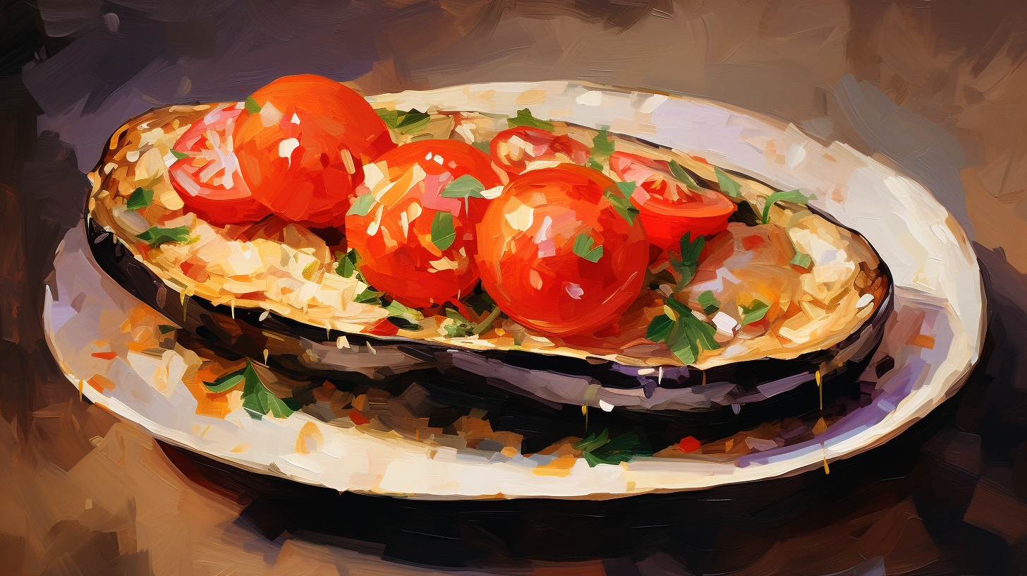 half stuffed eggplant with tomato slices