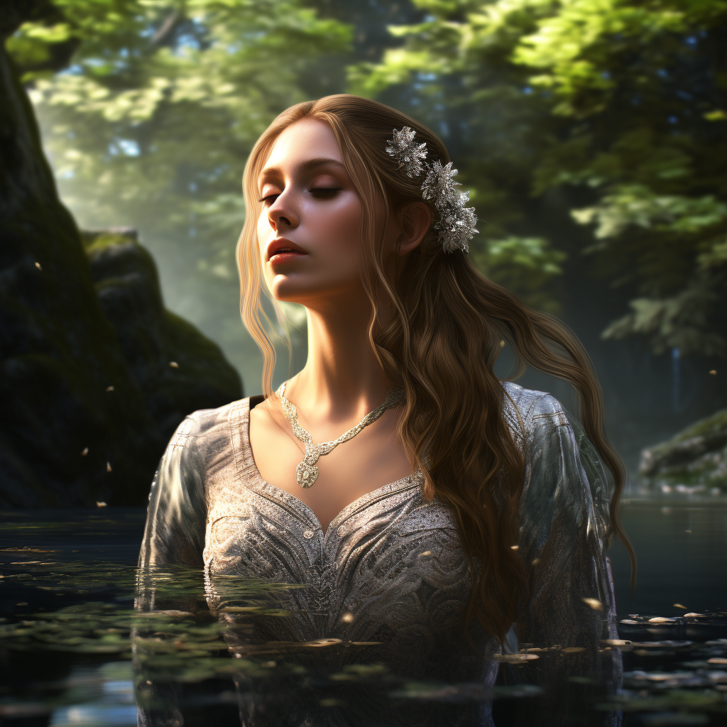 Beautiful half-elven woman in forest hot spring