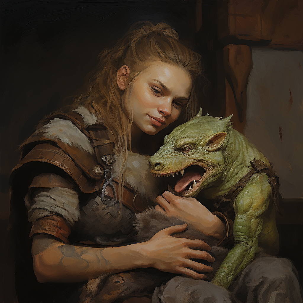 Image of a Half-Orc Woman with a Baby Dragon