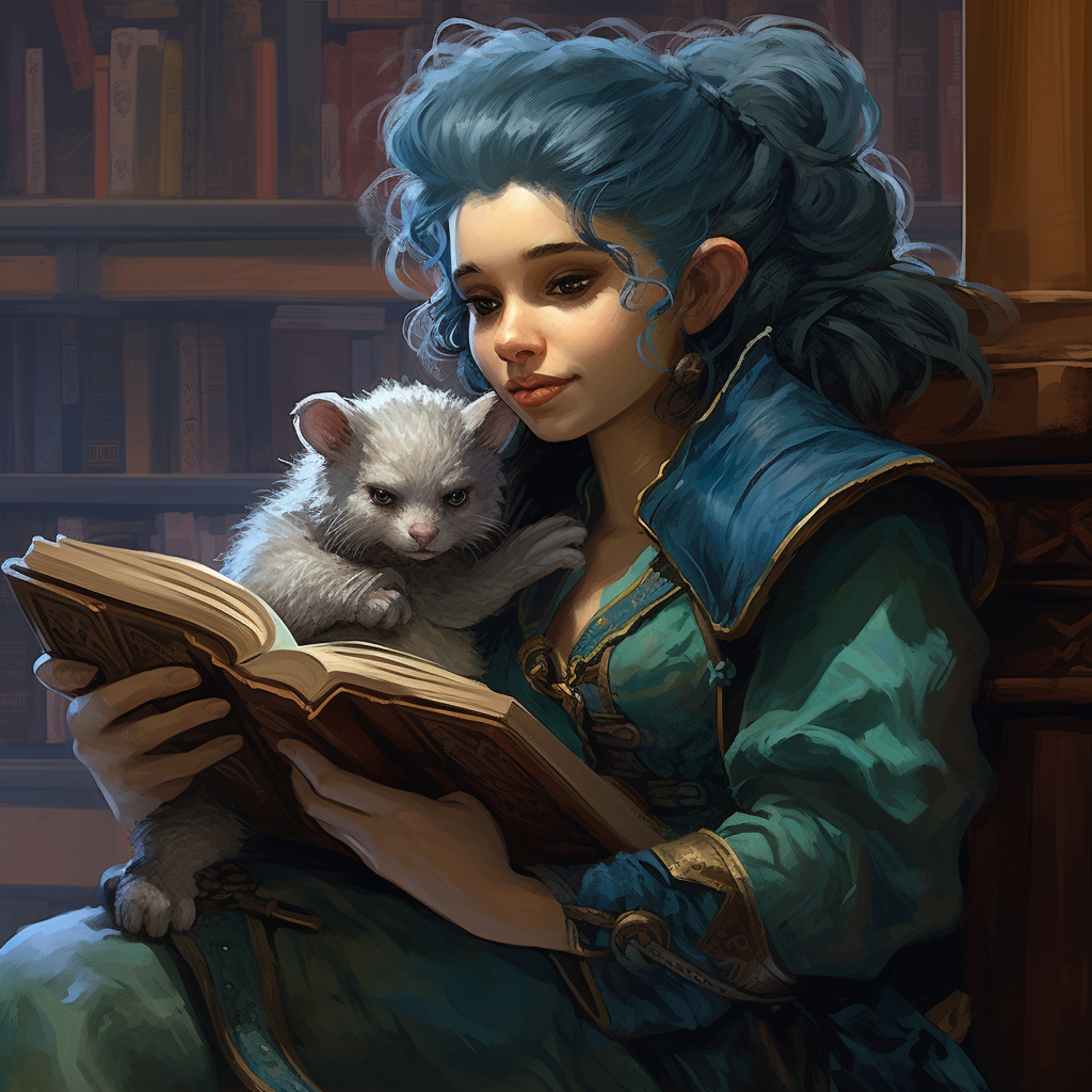 Halfling librarian with blue hair and ferret