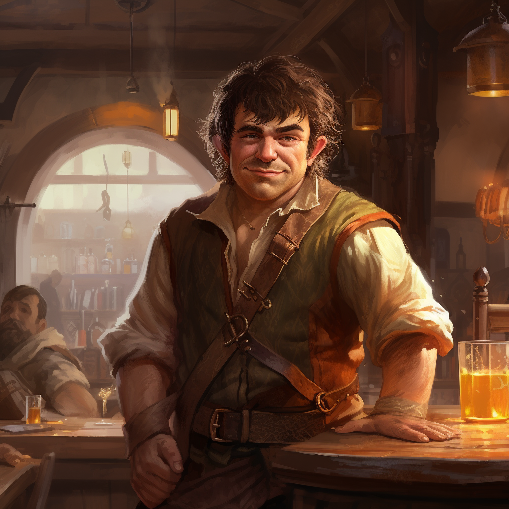 Halfling male bartender in a fantasy bar