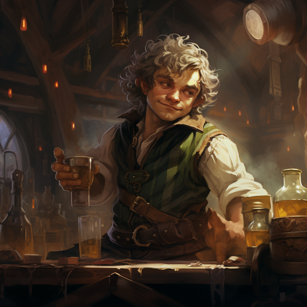 Halfling male hobbit bartender serving drinks