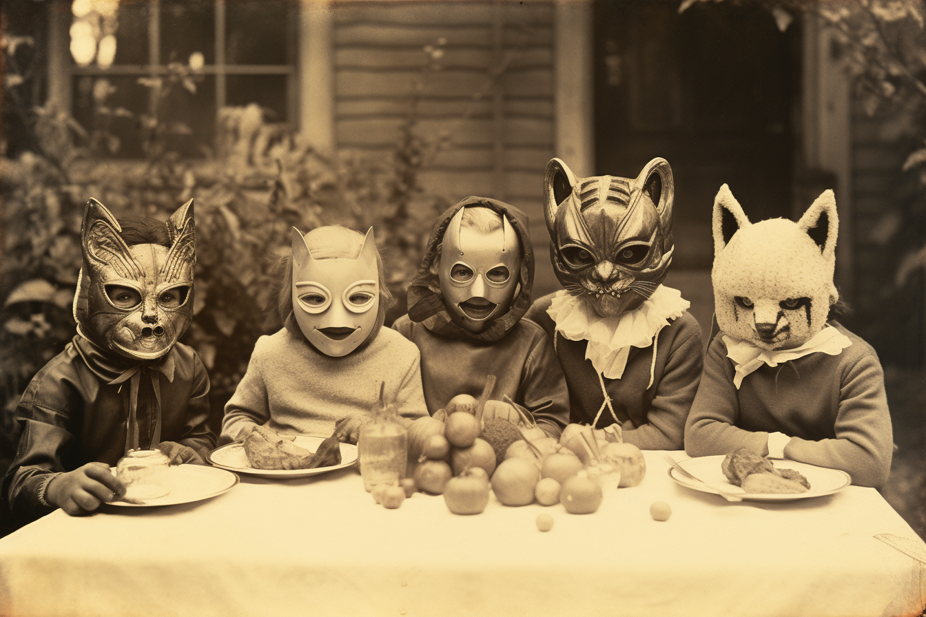 Group of kids in Halloween animal masks and costumes