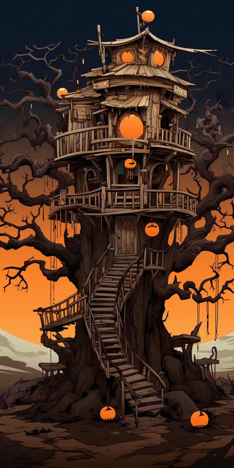 Halloween anime treehouse in desert