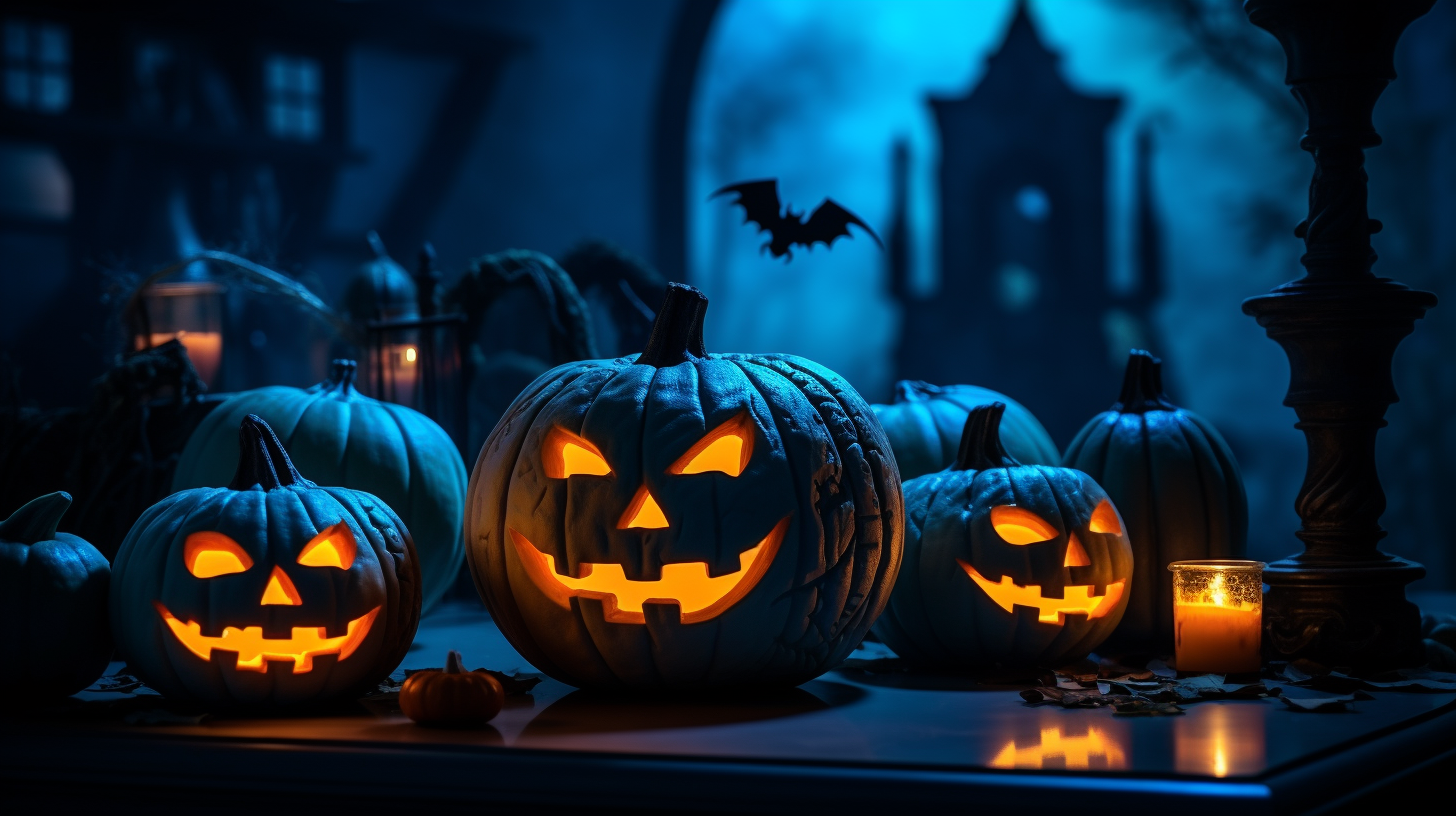 Halloween banner with bats, moon, haunted mansion and pumpkin